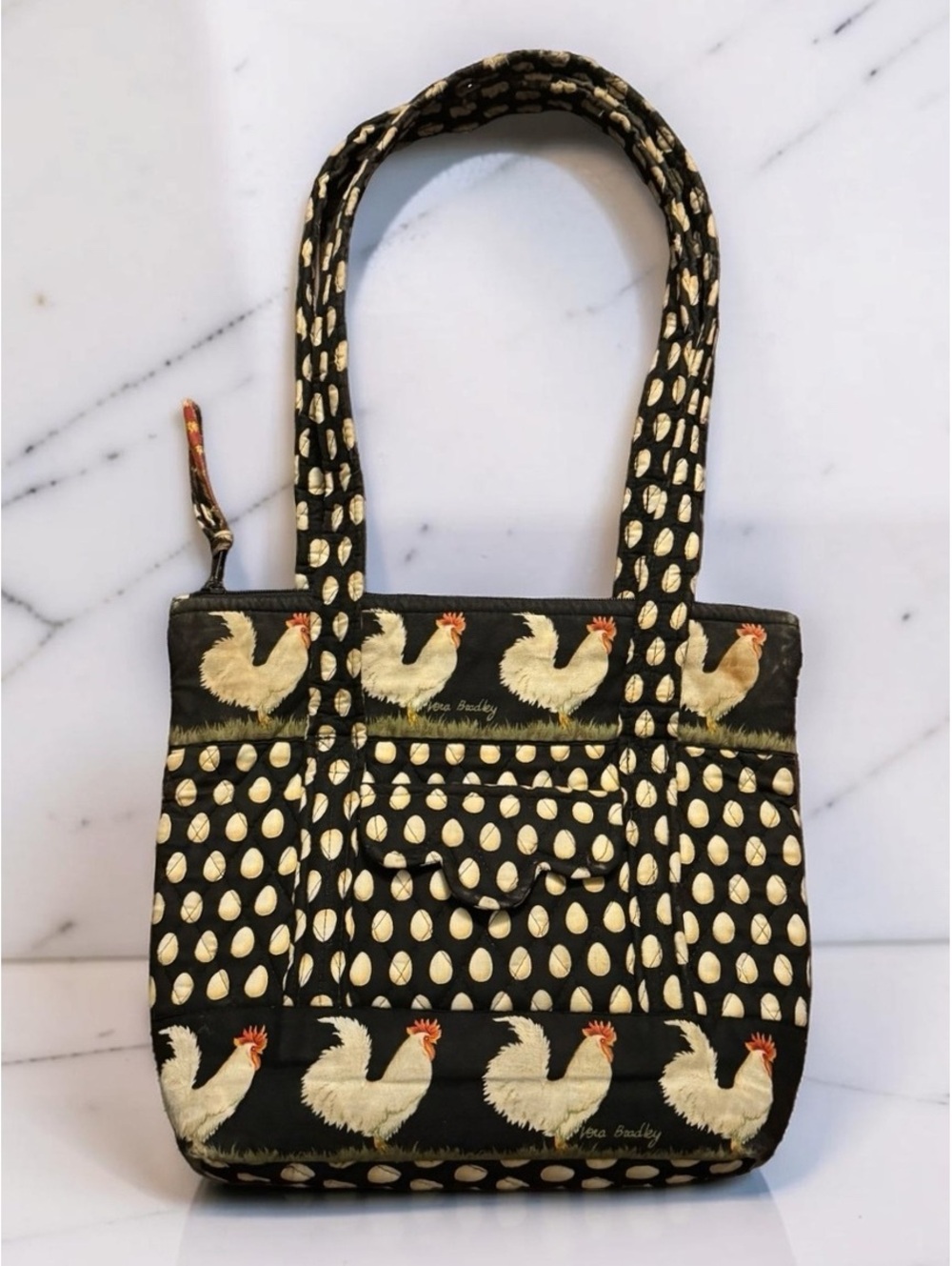 Vera Bradley Vintage Chicken + Egg Chanticleer Print Zip Purse Pockets Tote Bag